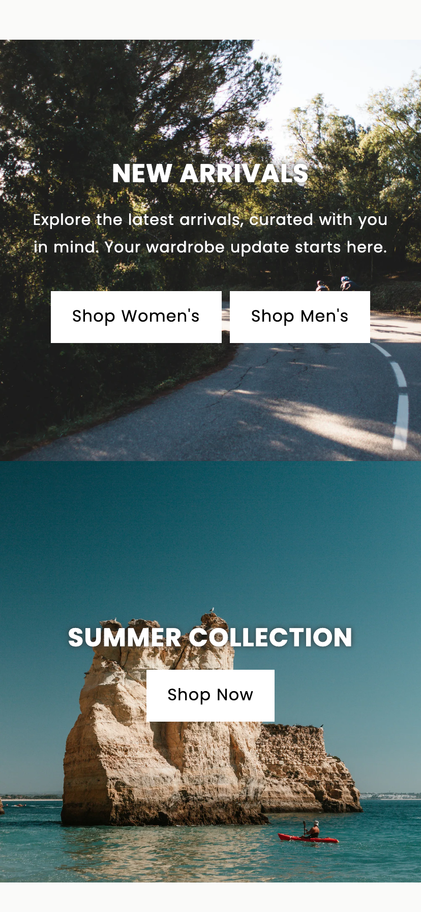 Promotional graphic with 'New Arrivals' text and 'Shop Women's' and 'Shop Men's' buttons, followed by a 'Summer Collection' text and 'Shop Now' button over a scenic image of a rock formation and ocean.