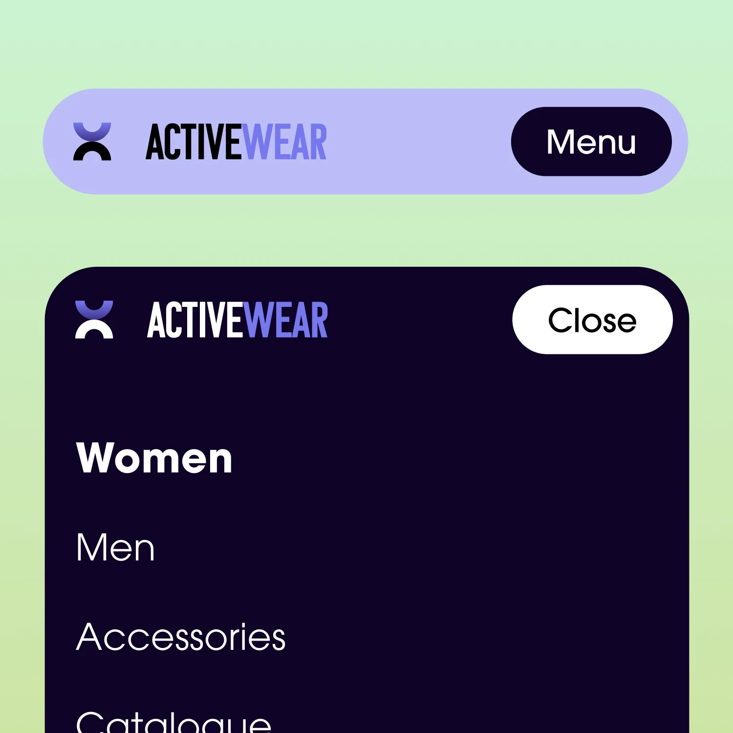 A compact navigation menu for a website, with the brand name ACTIVEWEAR displayed at the top. The menu includes options for 'Women', 'Men', 'Accessories', and 'Catalogue'.