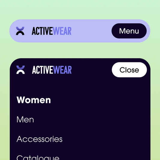 A compact navigation menu for a website, with the brand name ACTIVEWEAR displayed at the top. The menu includes options for 'Women', 'Men', 'Accessories', and 'Catalogue'.